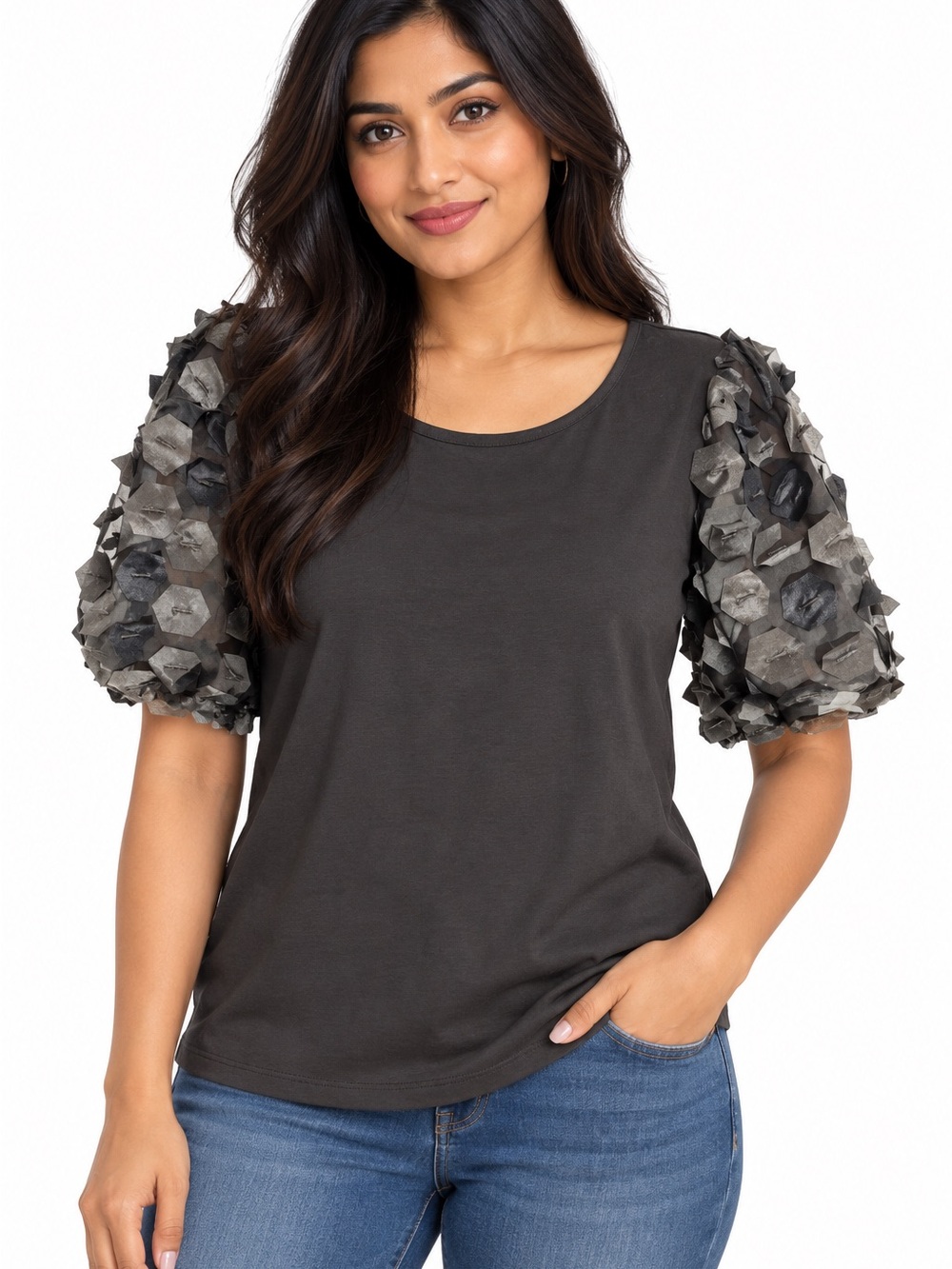 Love Ever After Black 3D Floral Sleeve Top – Women’s 2X